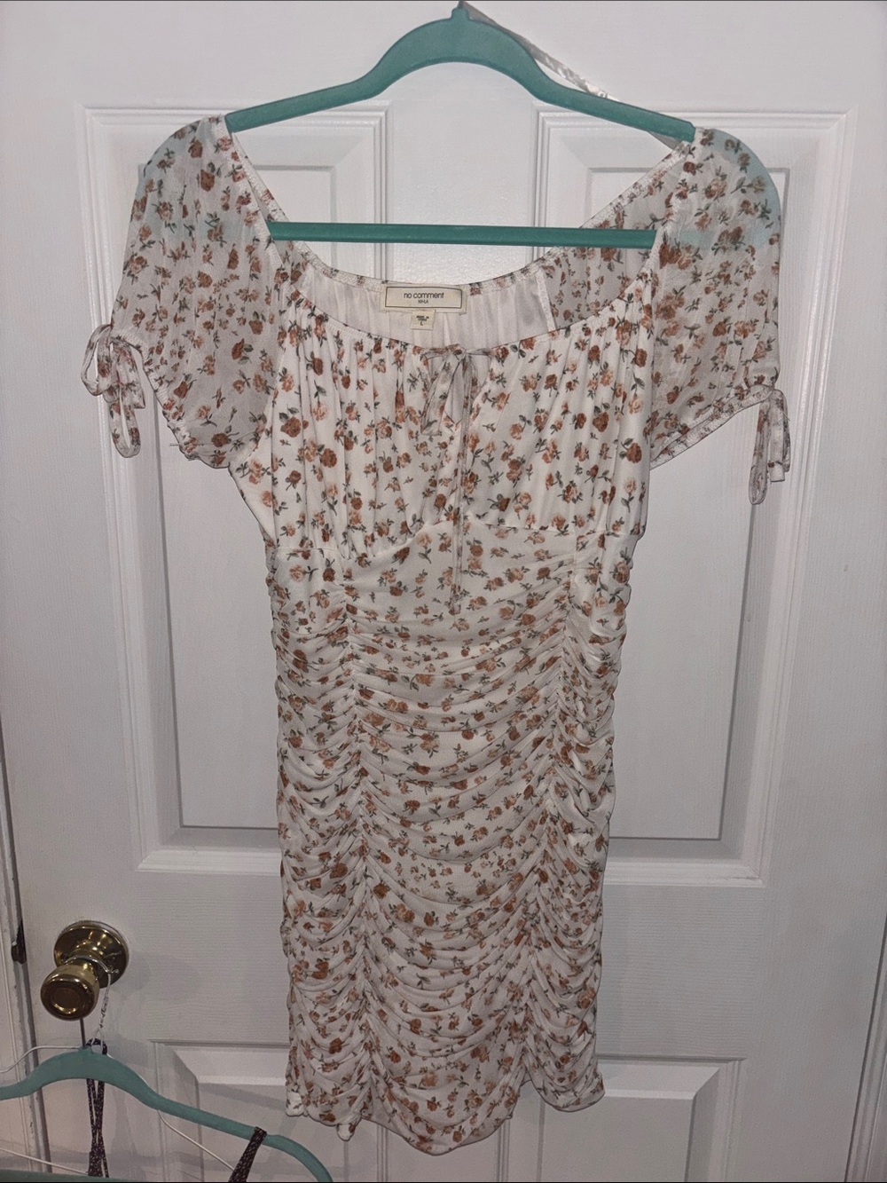 WORN ONCE No Comment Cream Floral Ruched Mini Dress